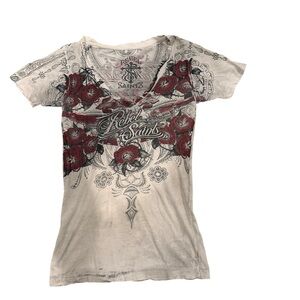 Rebel Saints Women's Cream V-Neck Tee with Red Rose Graphic